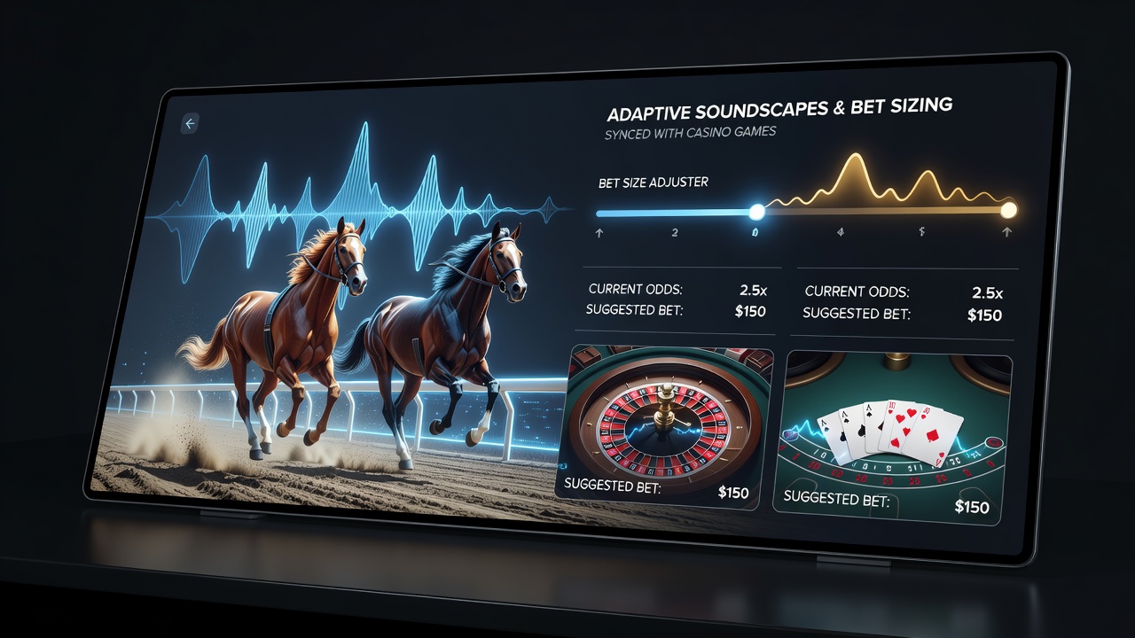 Virtual sports betting dashboard displaying real-time audio waveform overlays alongside adjustable bet size controls and synced casino game feeds