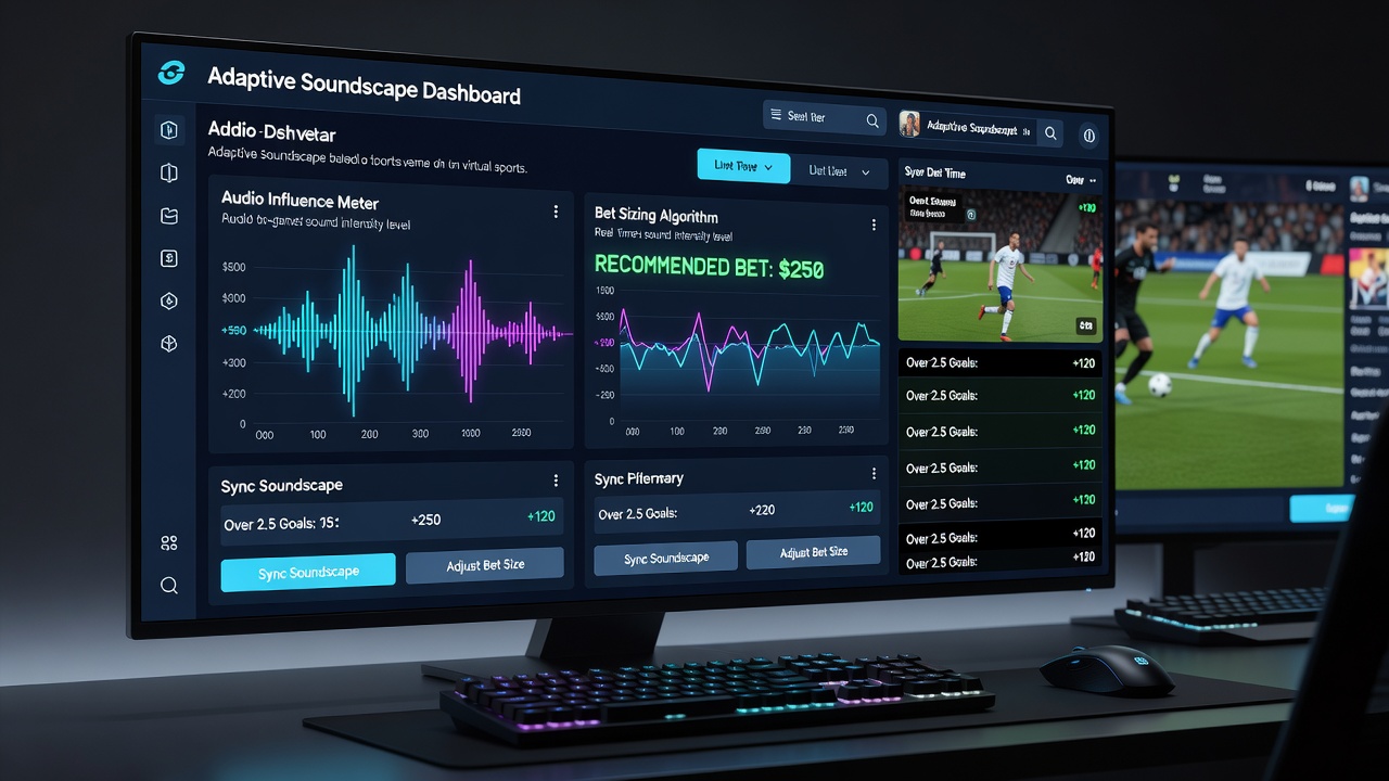 Split-screen view of a mobile interface showing sports betting controls on the left and a live casino roulette wheel on the right with shared adaptive audio indicators
