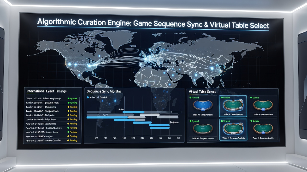 Illustration of synchronized virtual table selections responding to international sports event timings across different regulatory zones