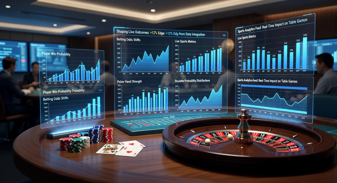 Digital dashboard displaying real-time sports betting analytics overlaid on live poker and roulette tables, highlighting data streams influencing game outcomes