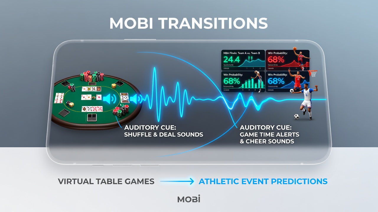 User engaging with mobile platform where sound waves visualize transitions from virtual poker to athletic event betting screens