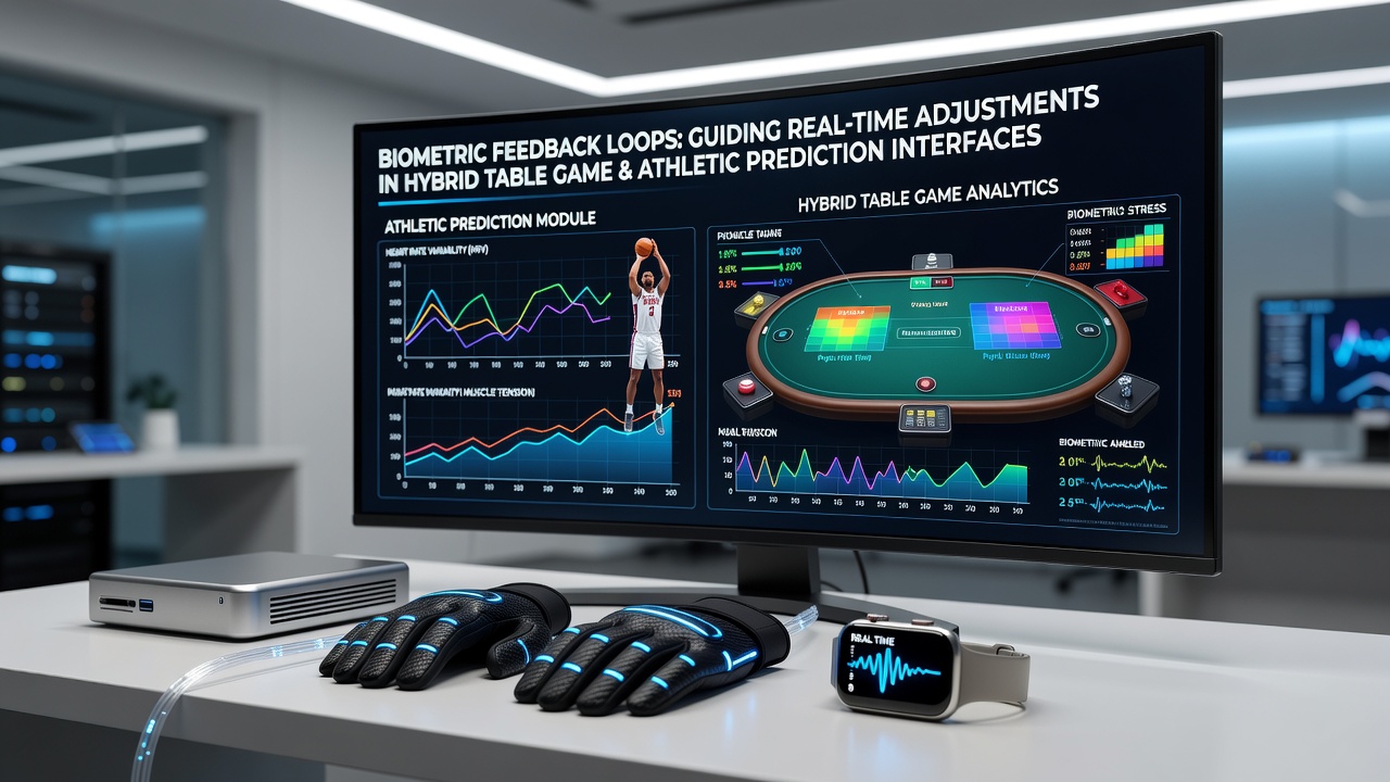 Biometric sensors integrated with hybrid table game and sports prediction interfaces showing real-time data flow