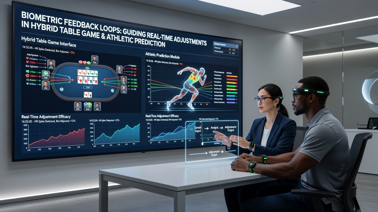 Close-up of biometric data processing dashboard adjusting hybrid game and sports prediction elements in real time