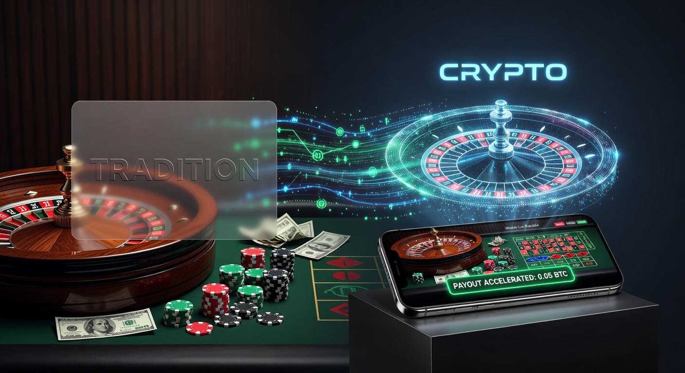 Comparative bar graph illustrating payout times: cryptocurrency under 10 minutes versus traditional methods over 72 hours, with mobile roulette icons