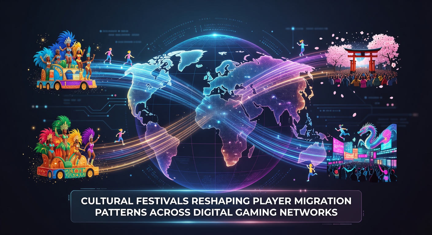 Global gaming networks showing player migration during cultural festivals with connected servers across continents