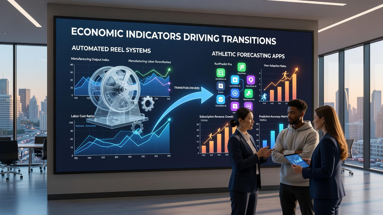 Charts displaying economic indicator trends overlaid on usage graphs for reel systems and athletic forecasting apps