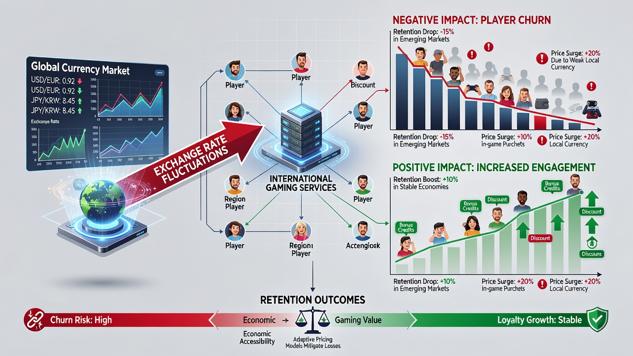Analytics dashboard displaying retention metrics alongside live currency exchange fluctuations for gaming operators