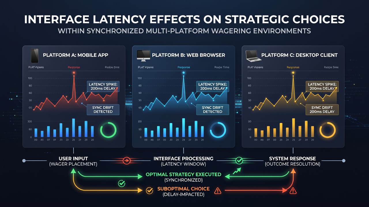 Diagram showing synchronized multi-platform wagering interfaces with latency indicators across mobile and desktop devices