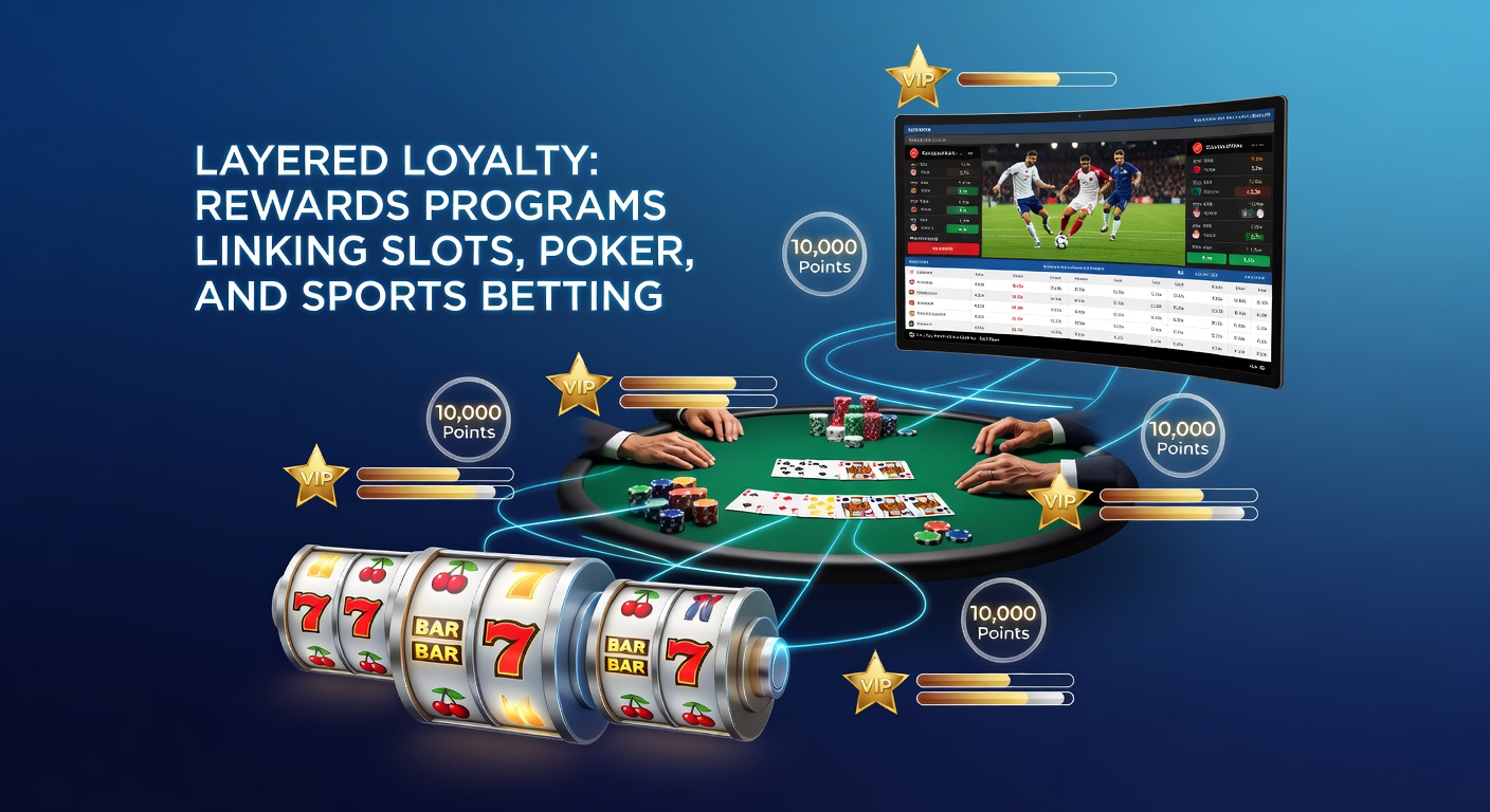 Digital display showing interconnected loyalty rewards across slots, poker tables, and sports betting interfaces in a modern casino app