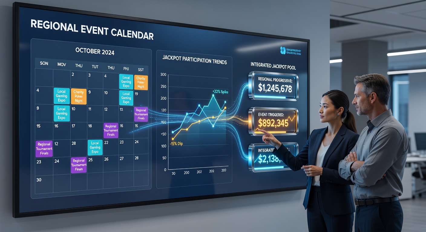 Operators reviewing regional event data feeds and adjusting progressive jackpot parameters on centralized dashboards