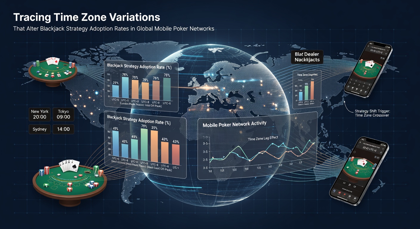 Global time zone map highlighting peak mobile poker activity across regions and its effect on blackjack strategy uptake