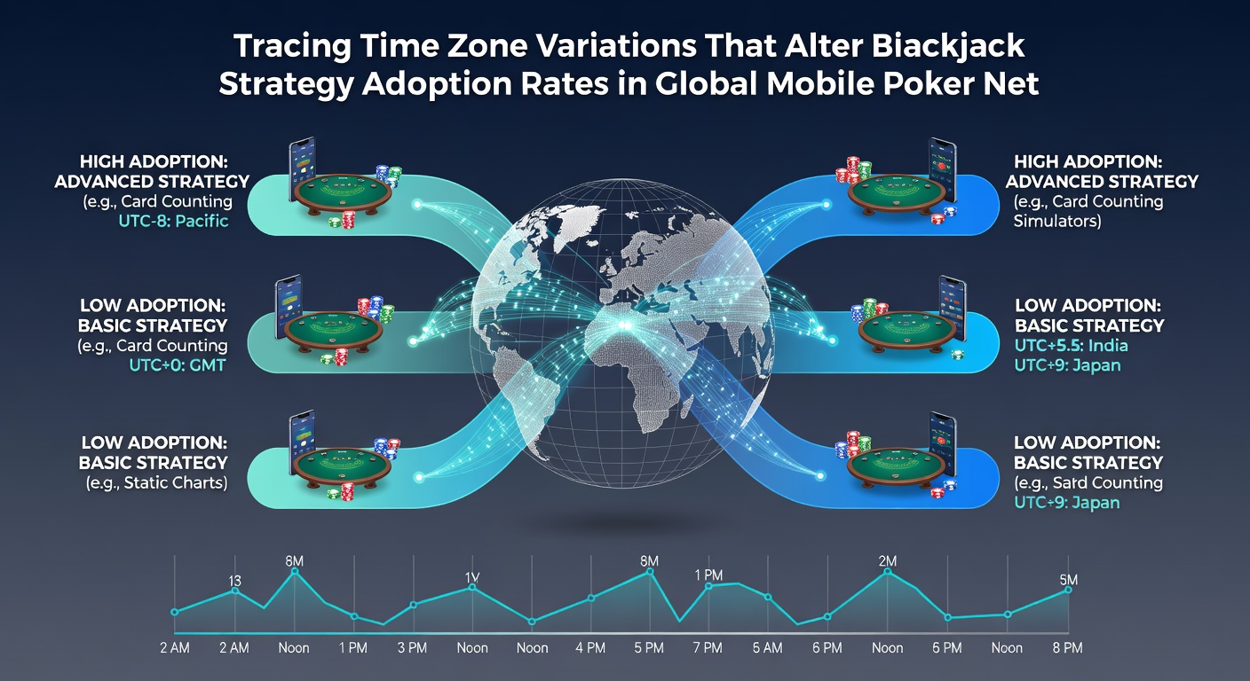 Mobile poker interface showing time-zone-adjusted blackjack strategy prompts during live play
